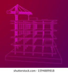 Building under construction with crane. Build house construct in process. Wireframe low poly mesh vector illustration