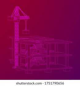 Building under construction with crane. Build house construct in process. Wireframe low poly mesh vector illustration