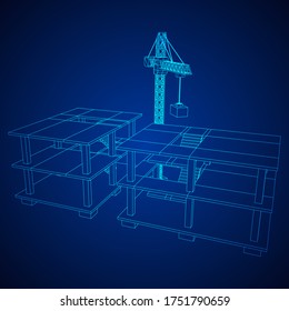 Bau mit Kranich. Bauen Sie ein Haus in Bearbeitung. Wireframe Low-Poly-Mesh, Vektorgrafik