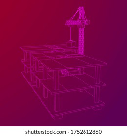 Building under construction with crane. Build house construct in process. Wireframe low poly mesh vector illustration