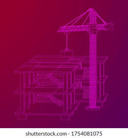 Building under construction with crane. Build house construct in process. Wireframe low poly mesh vector illustration