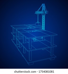 Edificio en construcción con grúa. Construir la construcción de la casa en proceso. Ilustración vectorial de malla baja de malla de alambre