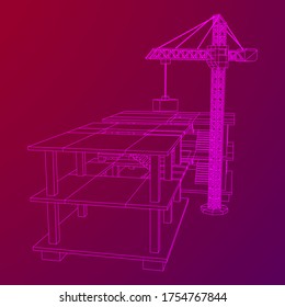 Building under construction with crane. Build house construct in process. Wireframe low poly mesh vector illustration