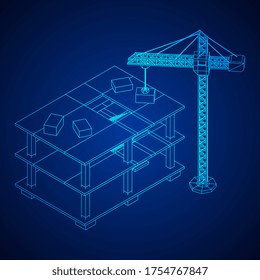 Edificio en construcción con grúa. Construir la construcción de la casa en proceso. Ilustración vectorial de malla baja de malla de alambre
