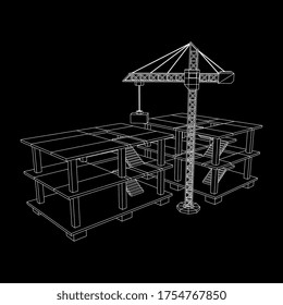 Building under construction with crane. Build house construct in process. Wireframe low poly mesh vector illustration