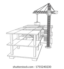Building under construction with crane. Build house construct in process. Wireframe low poly mesh vector illustration