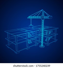 Building under construction with crane. Build house construct in process. Wireframe low poly mesh vector illustration