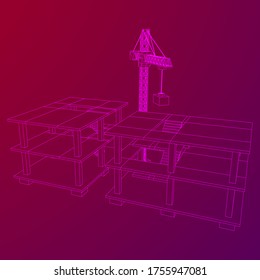 Building under construction with crane. Build house construct in process. Wireframe low poly mesh vector illustration