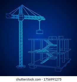 Bau mit Kranich. Bauen Sie ein Haus in Bearbeitung. Wireframe Low-Poly-Mesh, Vektorgrafik