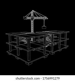 Edificio en construcción con grúa. Construir la construcción de la casa en proceso. Ilustración vectorial de malla baja de malla de alambre