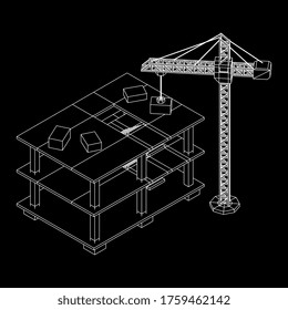Building under construction with crane. Build house construct in process. Wireframe low poly mesh vector illustration