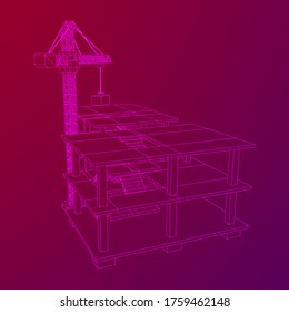 Building under construction with crane. Build house construct in process. Wireframe low poly mesh vector illustration