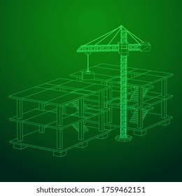Building under construction with crane. Build house construct in process. Wireframe low poly mesh vector illustration