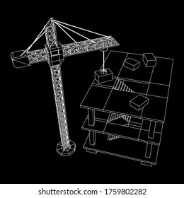 Building under construction with crane. Build house construct in process. Wireframe low poly mesh vector illustration
