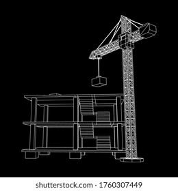Building under construction with crane. Build house construct in process. Wireframe low poly mesh vector illustration