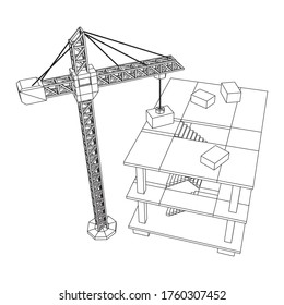 Building under construction with crane. Build house construct in process. Wireframe low poly mesh vector illustration