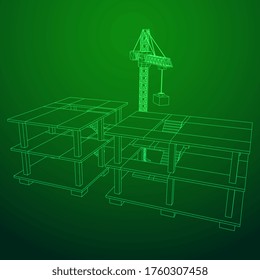 Building under construction with crane. Build house construct in process. Wireframe low poly mesh vector illustration