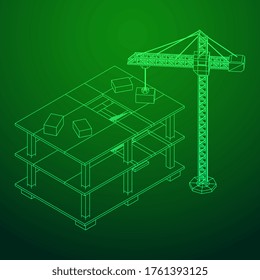 Building under construction with crane. Build house construct in process. Wireframe low poly mesh vector illustration