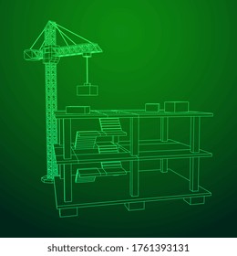 Building under construction with crane. Build house construct in process. Wireframe low poly mesh vector illustration