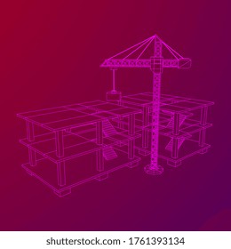 Building under construction with crane. Build house construct in process. Wireframe low poly mesh vector illustration