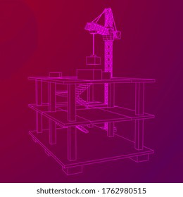 Bau mit Kranich. Bauen Sie ein Haus in Bearbeitung. Wireframe Low-Poly-Mesh, Vektorgrafik