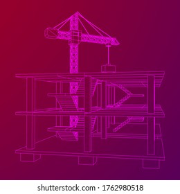 Edificio en construcción con grúa. Construir la construcción de la casa en proceso. Ilustración vectorial de malla baja de malla de alambre