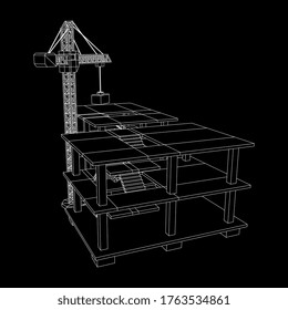 Building under construction with crane. Build house construct in process. Wireframe low poly mesh vector illustration