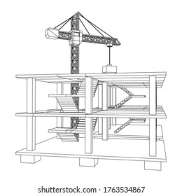 Edificio en construcción con grúa. Construir la construcción de la casa en proceso. Ilustración vectorial de malla baja de malla de alambre