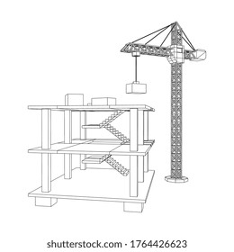 Building under construction with crane. Build house construct in process. Wireframe low poly mesh vector illustration