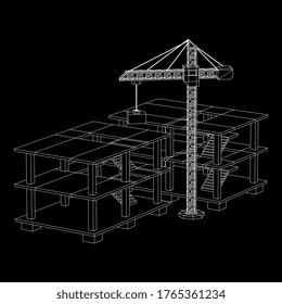 Edificio en construcción con grúa. Construir la construcción de la casa en proceso. Ilustración vectorial de malla baja de malla de alambre