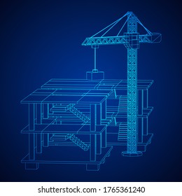 Building under construction with crane. Build house construct in process. Wireframe low poly mesh vector illustration