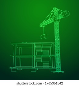 Building under construction with crane. Build house construct in process. Wireframe low poly mesh vector illustration