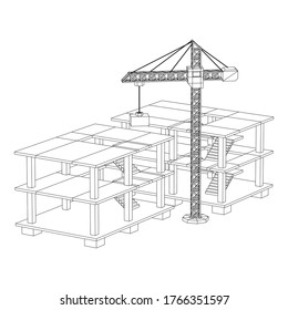 Building under construction with crane. Build house construct in process. Wireframe low poly mesh vector illustration