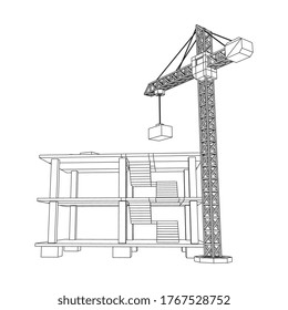 Building under construction with crane. Build house construct in process. Wireframe low poly mesh vector illustration