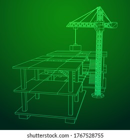 Building under construction with crane. Build house construct in process. Wireframe low poly mesh vector illustration