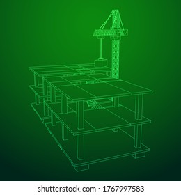 Building under construction with crane. Build house construct in process. Wireframe low poly mesh vector illustration