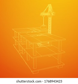 Building under construction with crane. Build house construct in process. Wireframe low poly mesh vector illustration