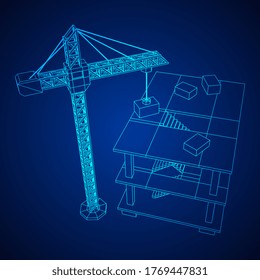 Building under construction with crane. Build house construct in process. Wireframe low poly mesh vector illustration