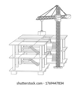 Building under construction with crane. Build house construct in process. Wireframe low poly mesh vector illustration