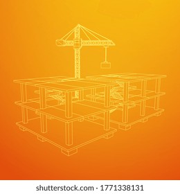 Building under construction with crane. Build house construct in process. Wireframe low poly mesh vector illustration