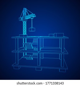 Building under construction with crane. Build house construct in process. Wireframe low poly mesh vector illustration