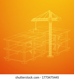 Building under construction with crane. Build house construct in process. Wireframe low poly mesh vector illustration