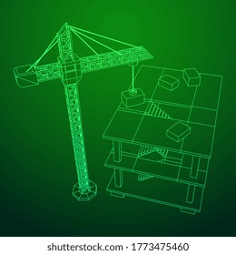 Building under construction with crane. Build house construct in process. Wireframe low poly mesh vector illustration