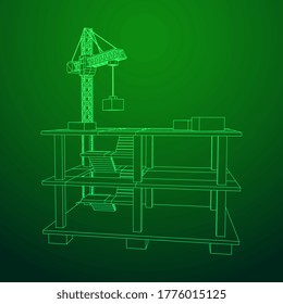 Building under construction with crane. Build house construct in process. Wireframe low poly mesh vector illustration
