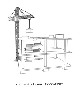 Building under construction with crane. Build house construct in process. Wireframe low poly mesh vector illustration