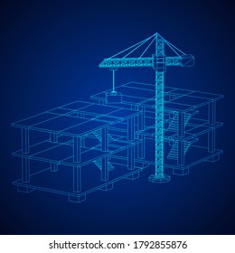 Building under construction with crane. Build house construct in process. Wireframe low poly mesh vector illustration