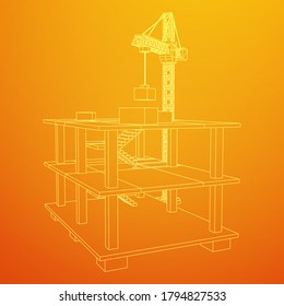 Building under construction with crane. Build house construct in process. Wireframe low poly mesh vector illustration