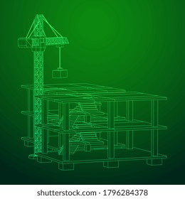 Building under construction with crane. Build house construct in process. Wireframe low poly mesh vector illustration