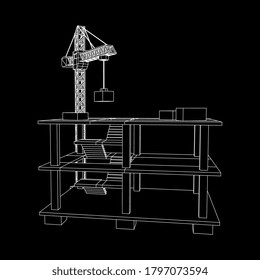 Building under construction with crane. Build house construct in process. Wireframe low poly mesh vector illustration