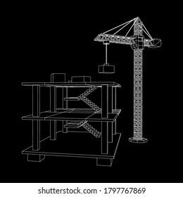 Edificio en construcción con grúa. Construir la construcción de la casa en proceso. Ilustración vectorial de malla baja de malla de alambre